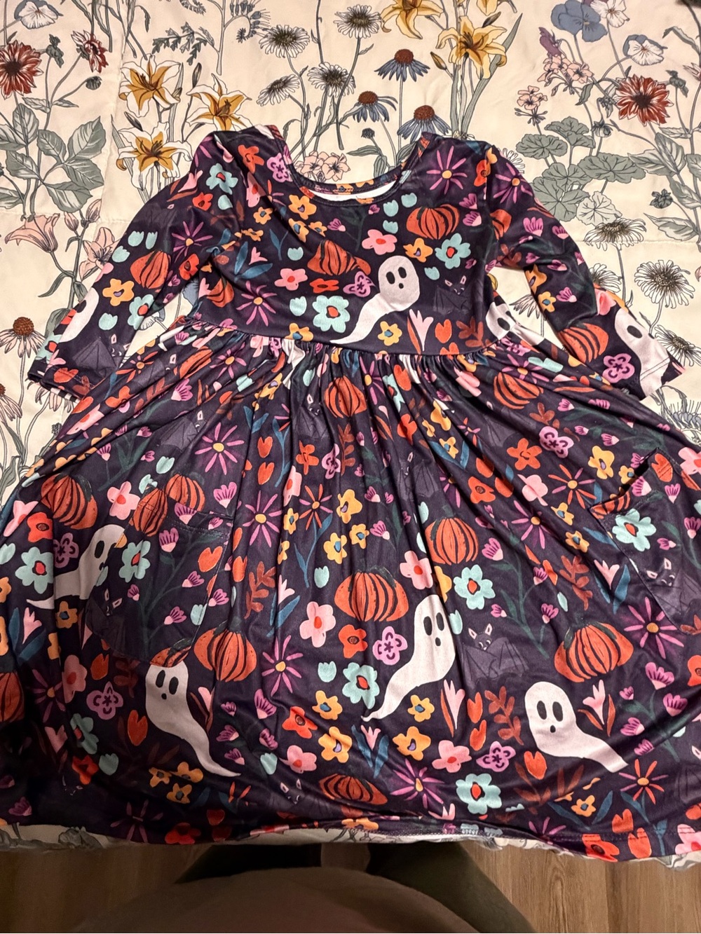 Girls' Halloween Ghost & Pumpkin Dress - Purple Floral Print Kids Costume